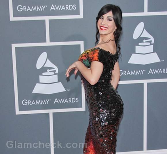 Mayra Veronica Sports Unique Multi-colored Gown at 2012 Grammy Awards