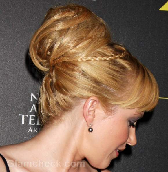 Adrienne Frantz Elegant in Messy Top Bun and Braid Hairstyle