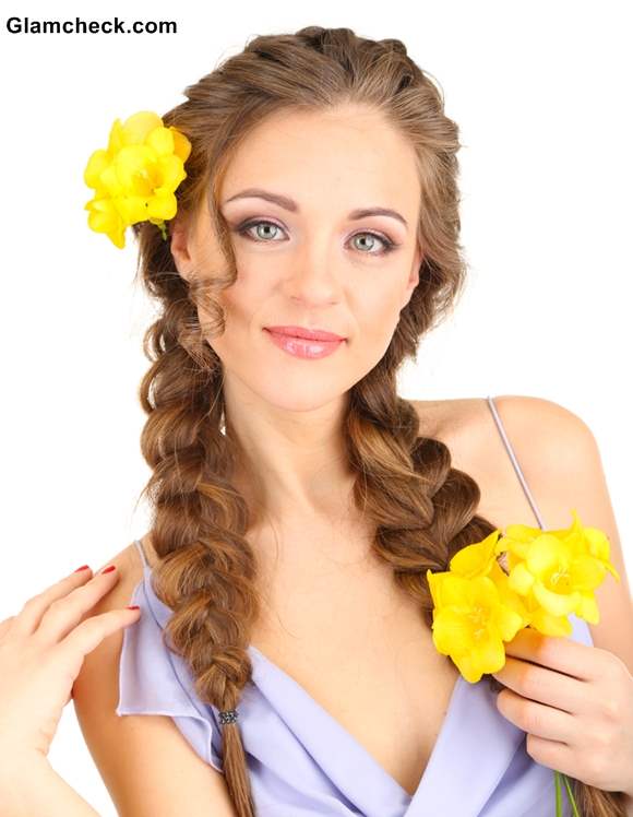 Pigtail braids with flowers