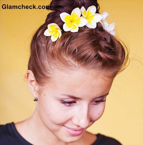 Hairstyle DIY -French Braid Top knot with flowers