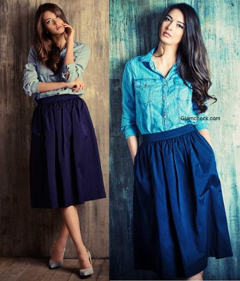 How to wear long denim shirt with Skirts